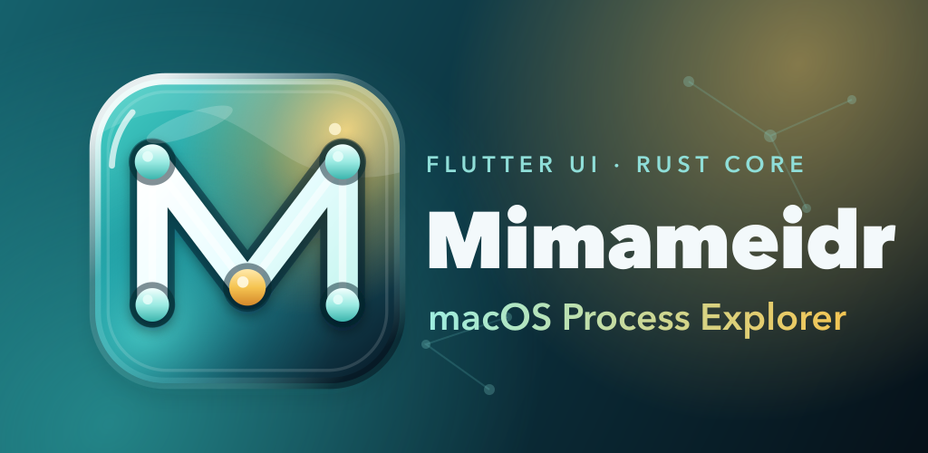 The Mimameidr app icon, a glass M drawn as connected process nodes, next to the name Mimameidr