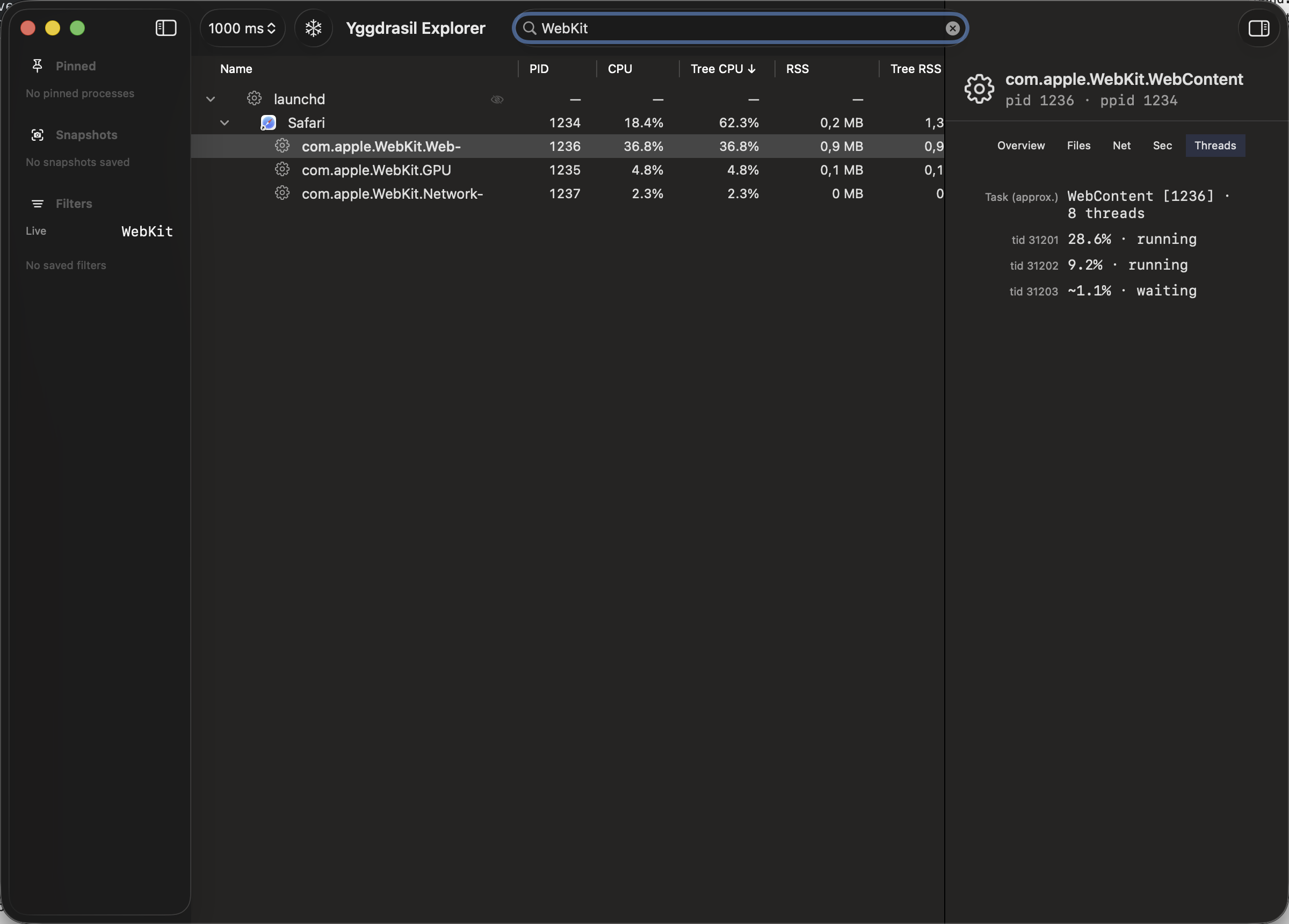 Process tree filtered by WebKit search