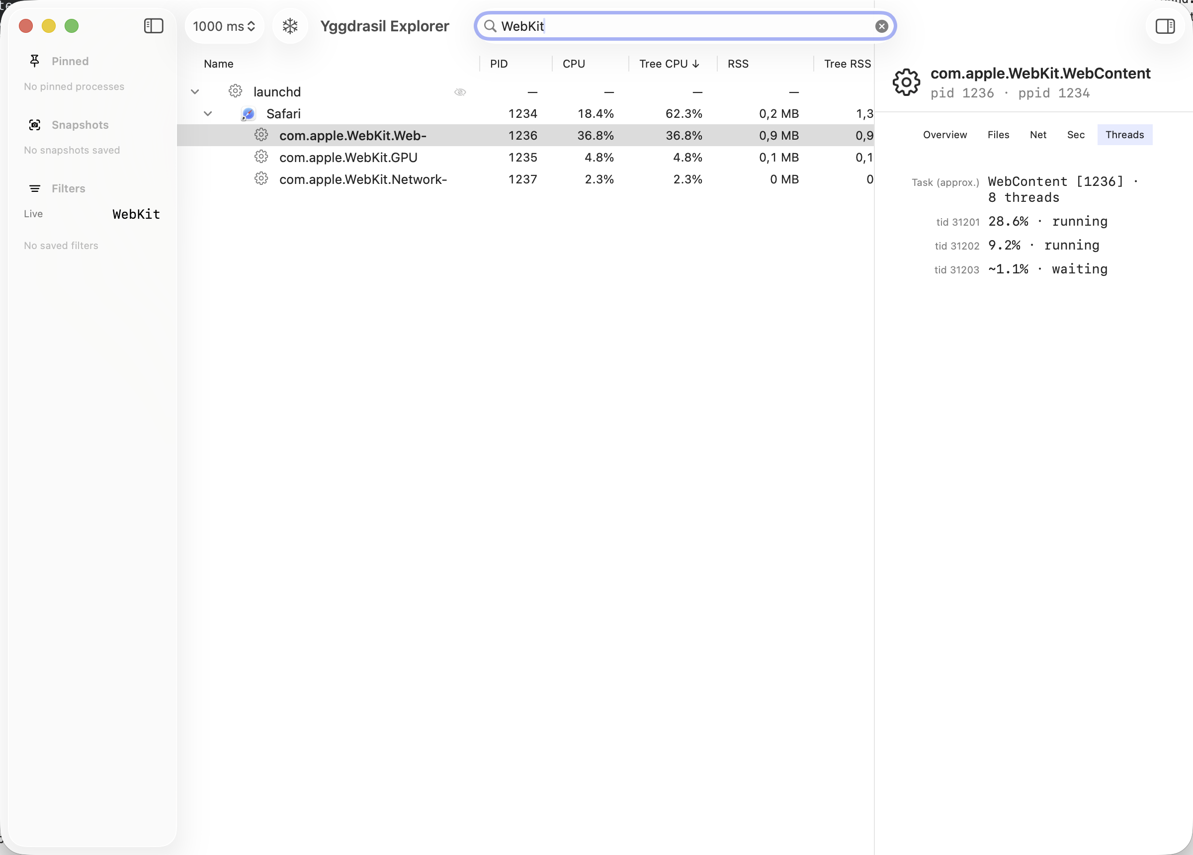 Process tree filtered by WebKit search