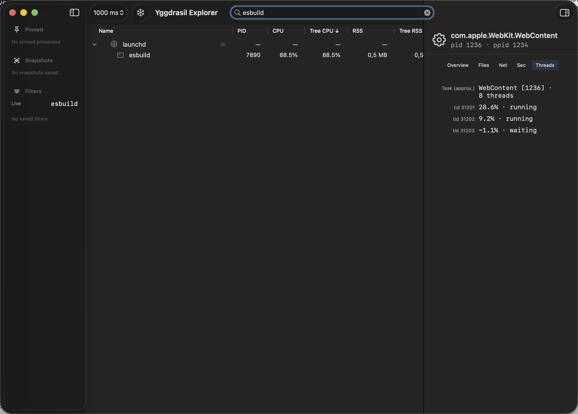 Newly spawned esbuild process highlighted in the tree
