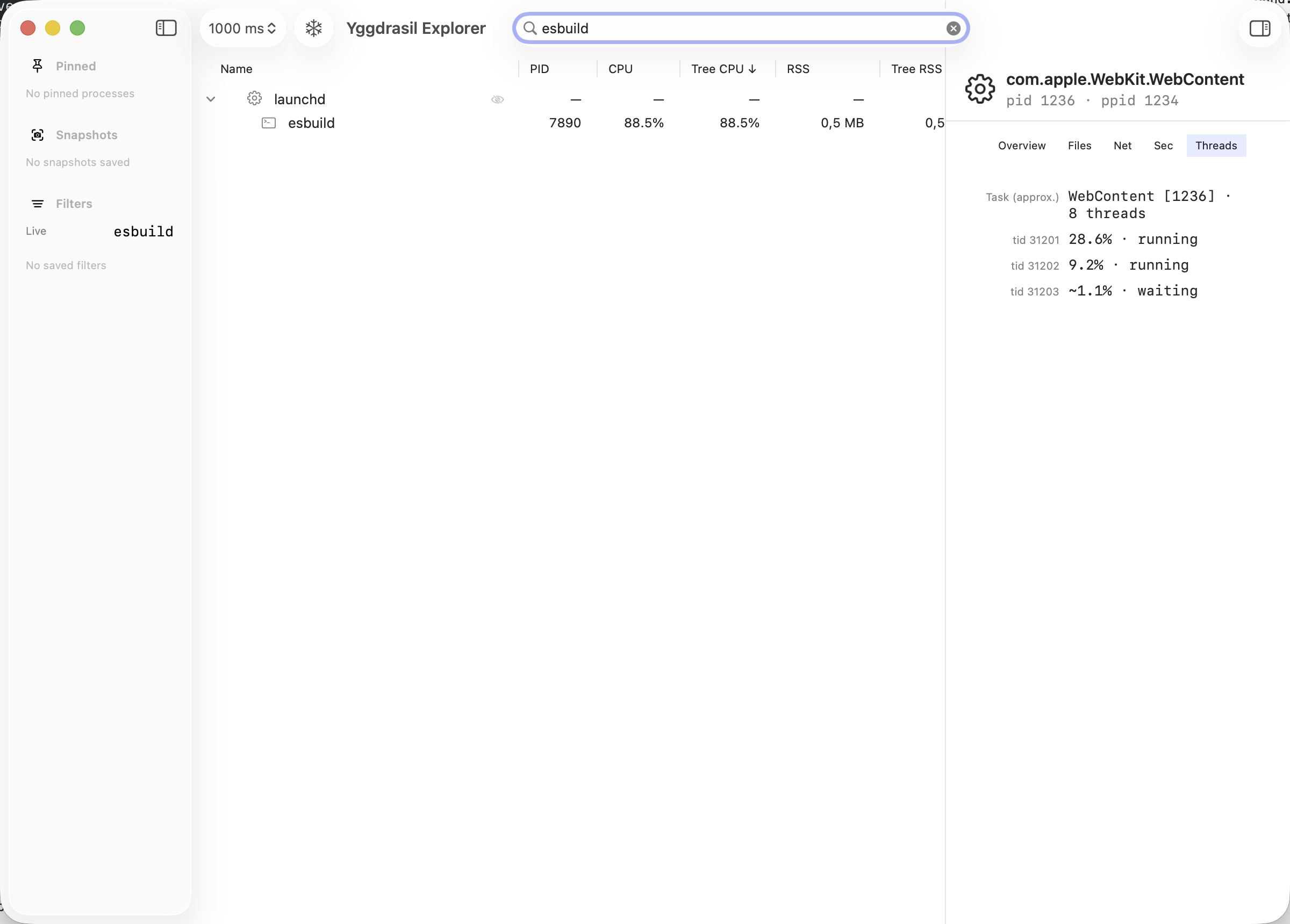 Newly spawned esbuild process highlighted in the tree