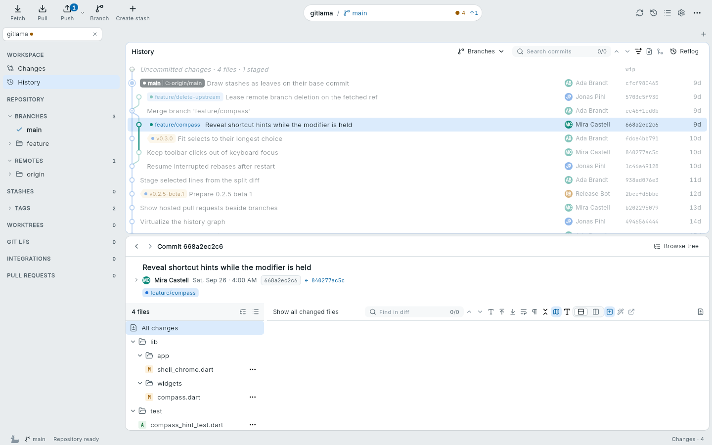 The GitLama workspace: a sidebar with branches, remotes and tags, the history graph with a merged feature branch, and below it the selected commit with its changed files